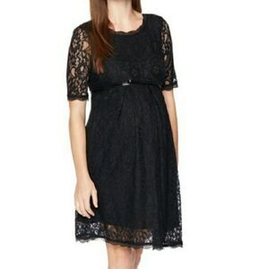 Motherhood Maternity Empire Waisted Black Lace Dress w/ Belt, NWOT